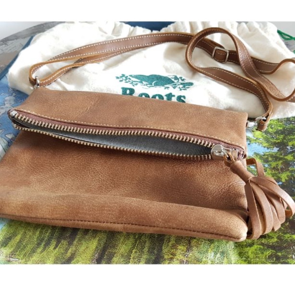 Roots Brown Leather Crossbody Bag with Tassel